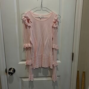 Scripted Women Knit Top Pink Ruffle Cold Shoulder Pointelle Long Sleeve Size S/P